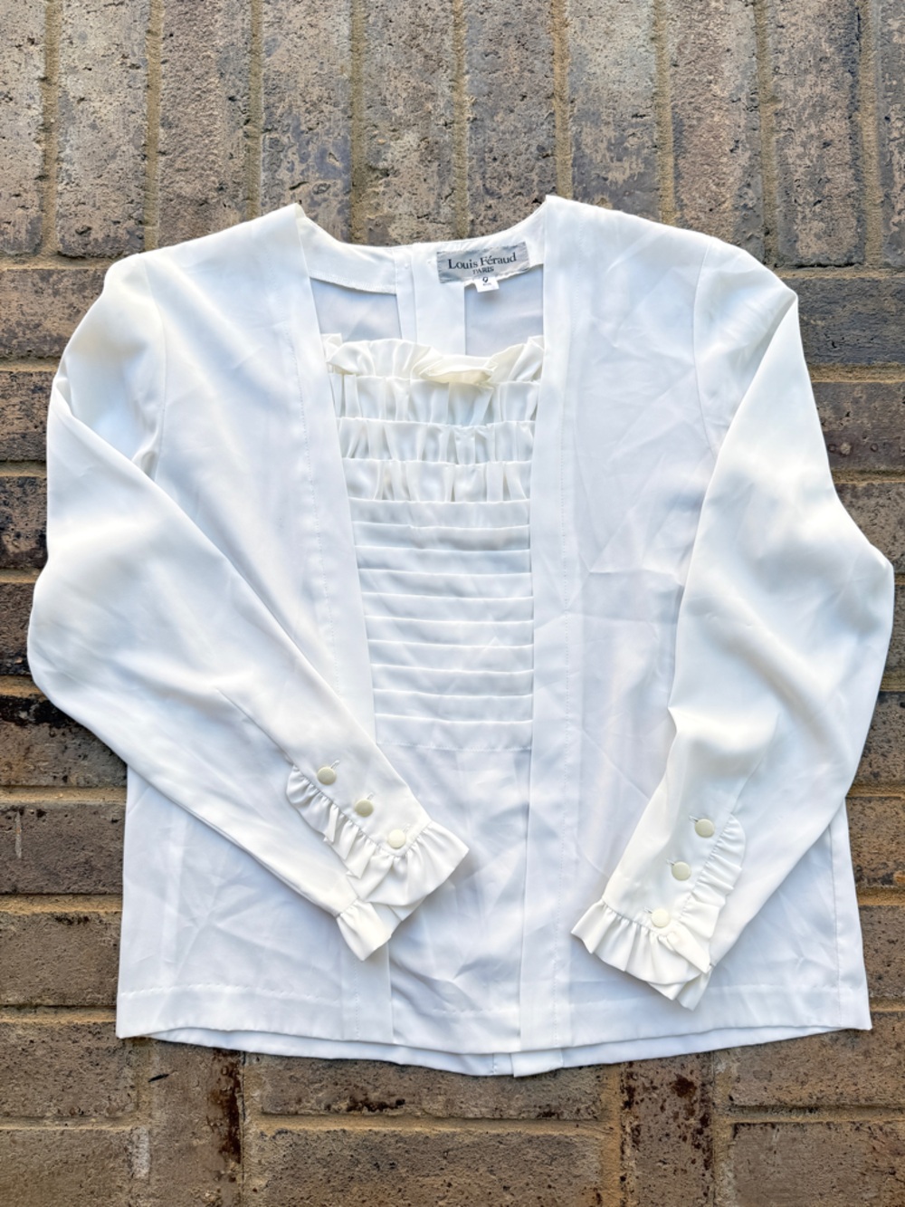 Vintage Louis Feraud Cream Ruffle-Front Long Sleeve Blouse
